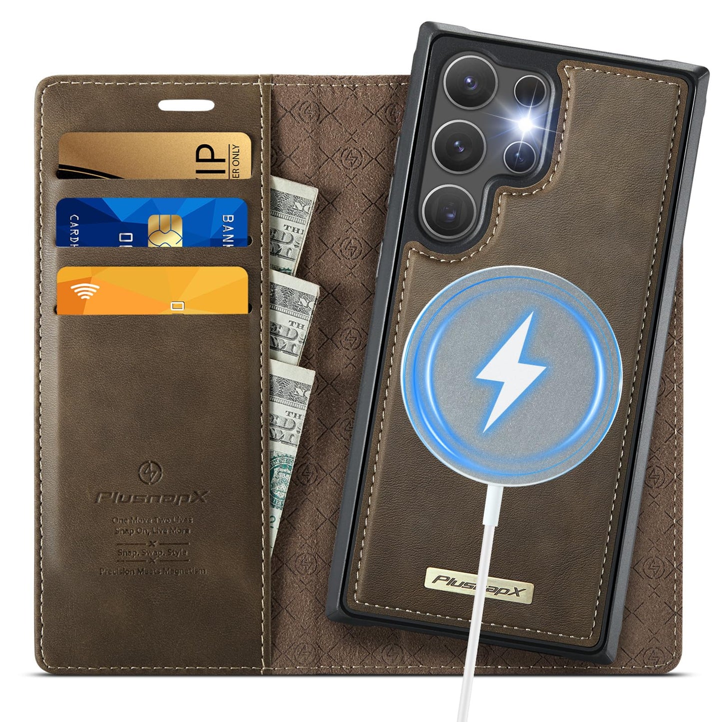 PlusnapX Wallet Case for Samsung Galaxy S24 Ultra Compatible with Magsafe, 2-in-1 PU Leather Flip RFID Blocking Card Holder Stand Shockproof Magnetic Detachable Cover for Galaxy S24 Ultra, Brown
