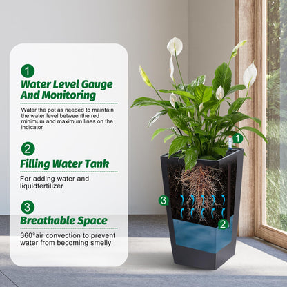 Liyaxenug Tall Planters Set of 2, 22.5 Inch Self-Watering Outdoor Indoor Plant Pot with Water Level Monitor & Drainage Holes, Large Modern Flower Pot with Inner Bucket, Trays & Wheels – Black