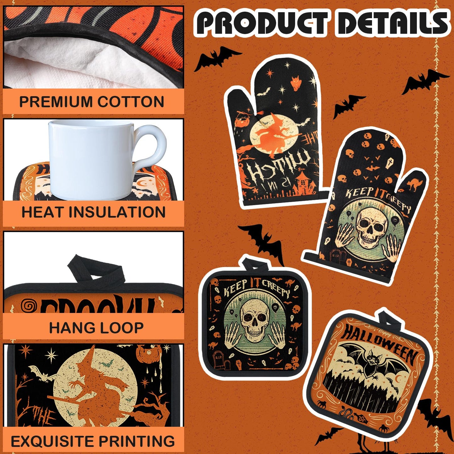 SiliFine 12 Pcs Oven Mitts and Kitchen Towel Sets 4 Dish Towels 4 Potholders 4 Vintage Resistant Glove for Cooking Baking Home Gifting(Gothic Witchy Ghost)