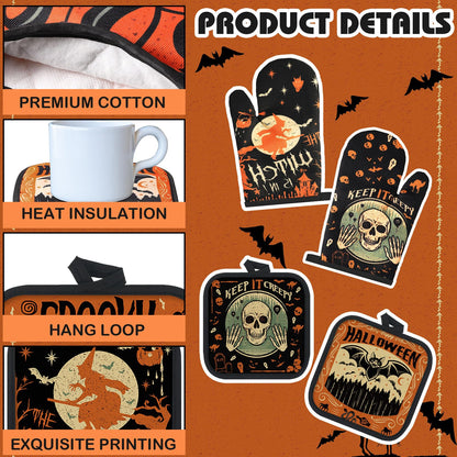SiliFine 12 Pcs Oven Mitts and Kitchen Towel Sets 4 Dish Towels 4 Potholders 4 Vintage Resistant Glove for Cooking Baking Home Gifting(Gothic Witchy Ghost)