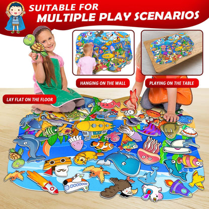 SKOLESK Felt Story Board Set Flannel Board 75 Pcs Preschool Learning Ocean Themed Toy Interactive Storytelling Teaching Play Activity Kits for Toddlers Kids