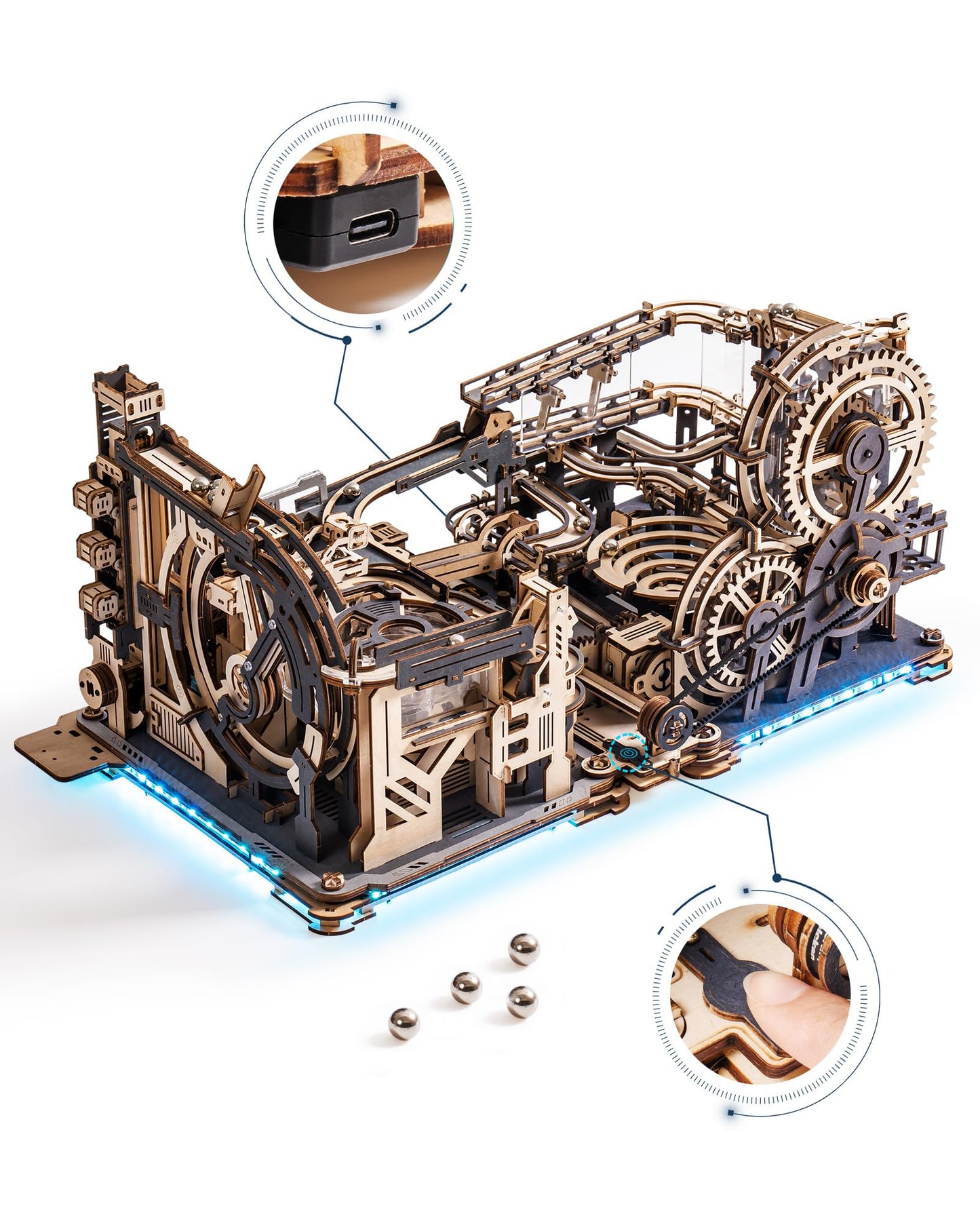 RoWood 3D Puzzles for Adults, 3-in-1 Wooden Marble Run, Includes Spaceport LGC01, Night City LGA01 & Link Pack - Awesome Gifts for Adults & Teens