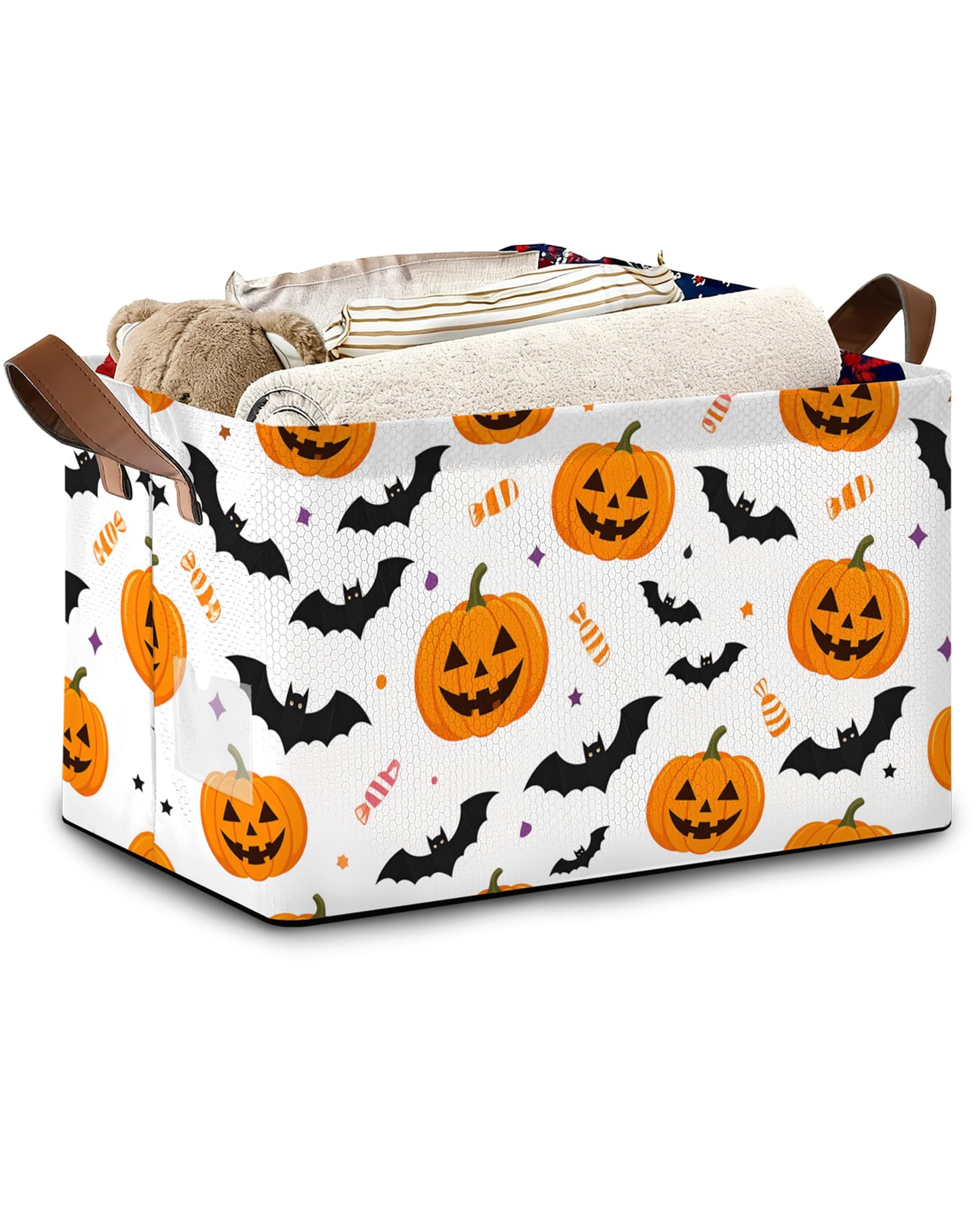 Masarua Halloween Pumpkin Bat Storage Baskets,Candy Foldable Organizer Bin with Handles for Home Living Room Bedroom Closet Box 17x11.5x10Inch
