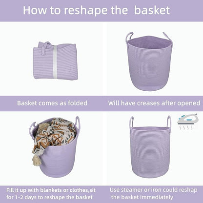 XUANGUO Cotton Rope Laundry Basket Hamper for Clothes Woven Storage Basket for Living Room Bedroom Boho Tall Rope Baskets for Blanket Toys Pillow Towels Baby Nursery Hamper Bin Large purple