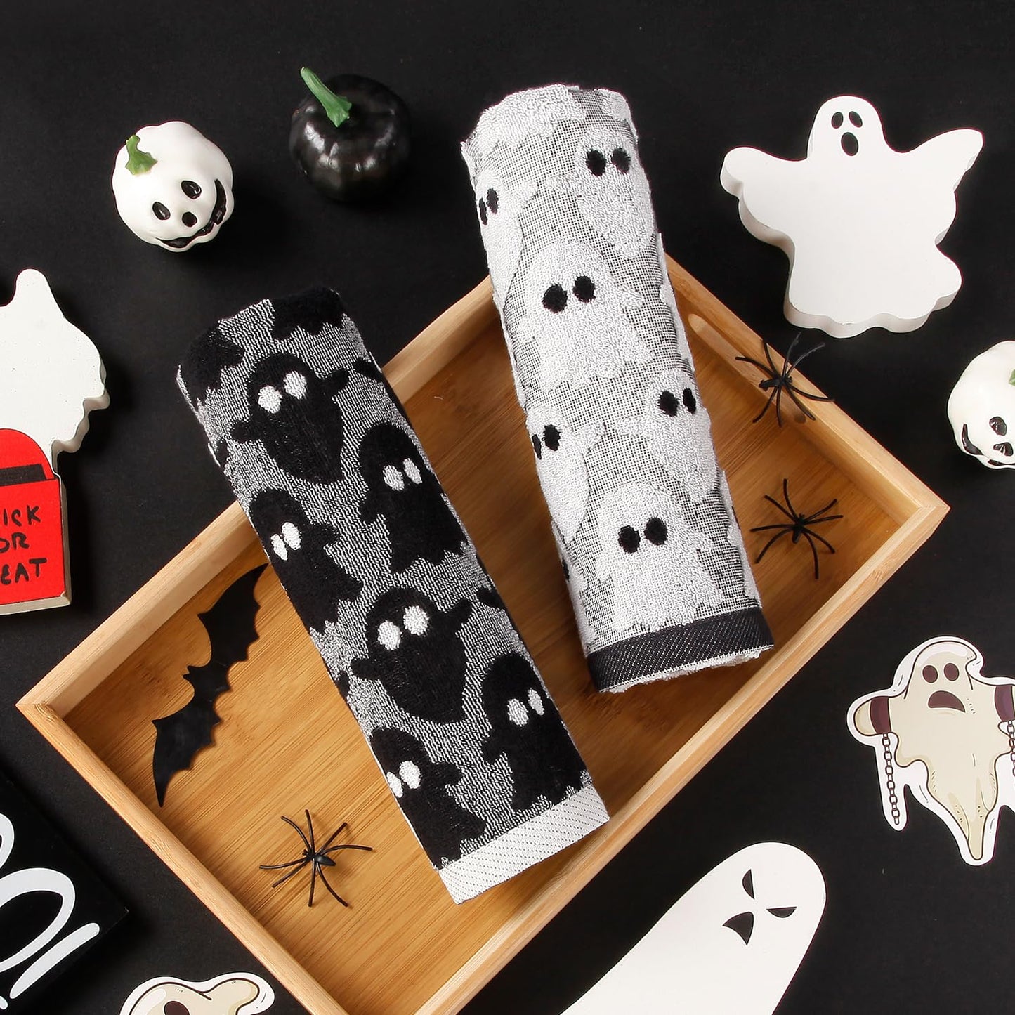 Quera 2 Pack Hand Towels Halloween Ghost Black White Bathroom Decorative Towels Set for Drying, Cleaning, Cooking, Holiday 13.7'' x 29.5''