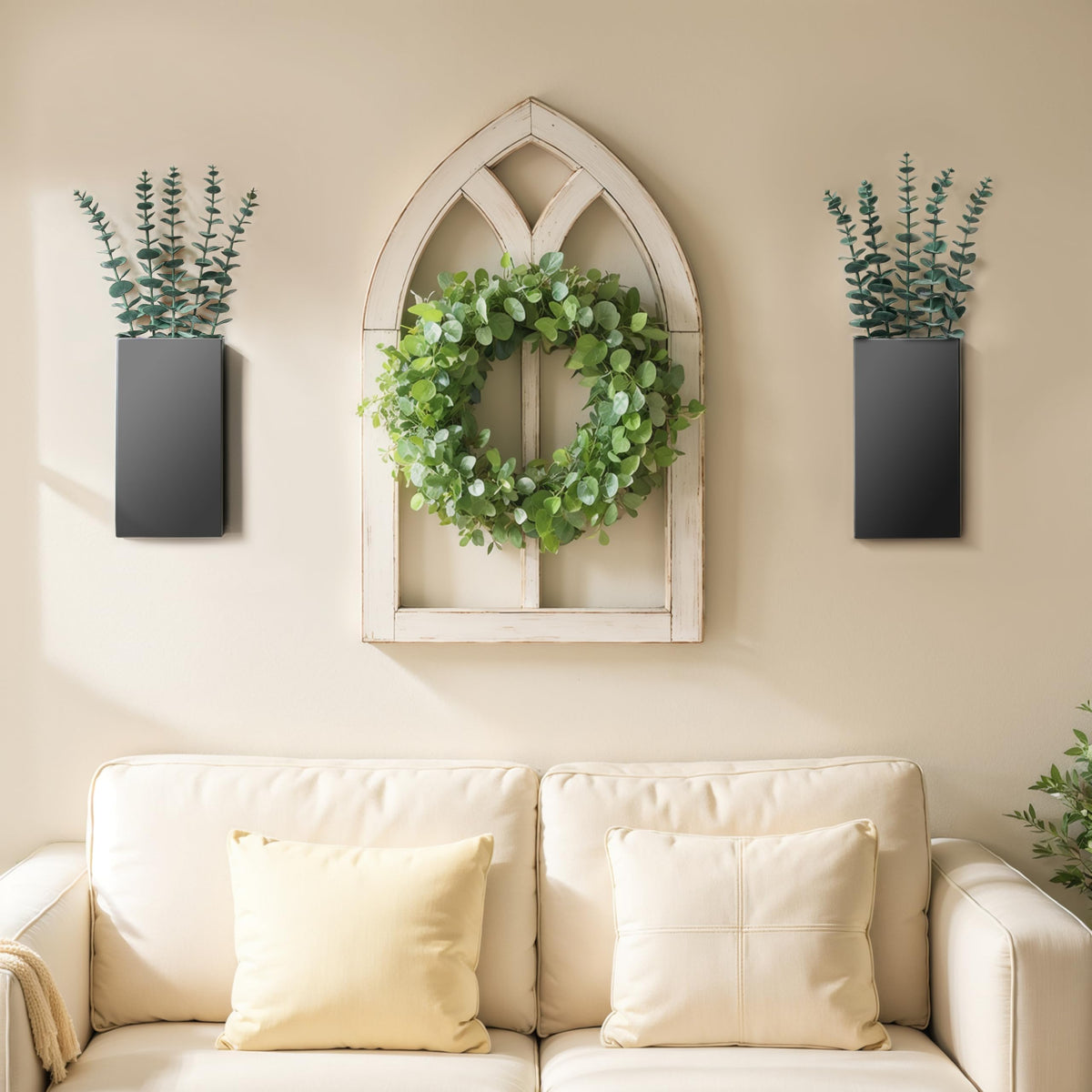 2 Pack Metal Wall Planter Vases Decor with Artificial Eucalyptus, Modern Farmhouse Rustic Hanging Pocket Planters for Indoor Greenery and Flowers, Living Room Bedroom Kitchen Decoration, Black