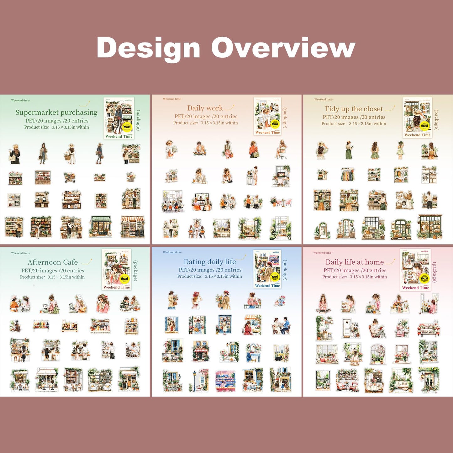 Miyouluna 120PCS Cozy Daily Life PET Stickers Set, Character and Aesthetic Scenes for Scrapbooking, Journaling, and DIY Crafts