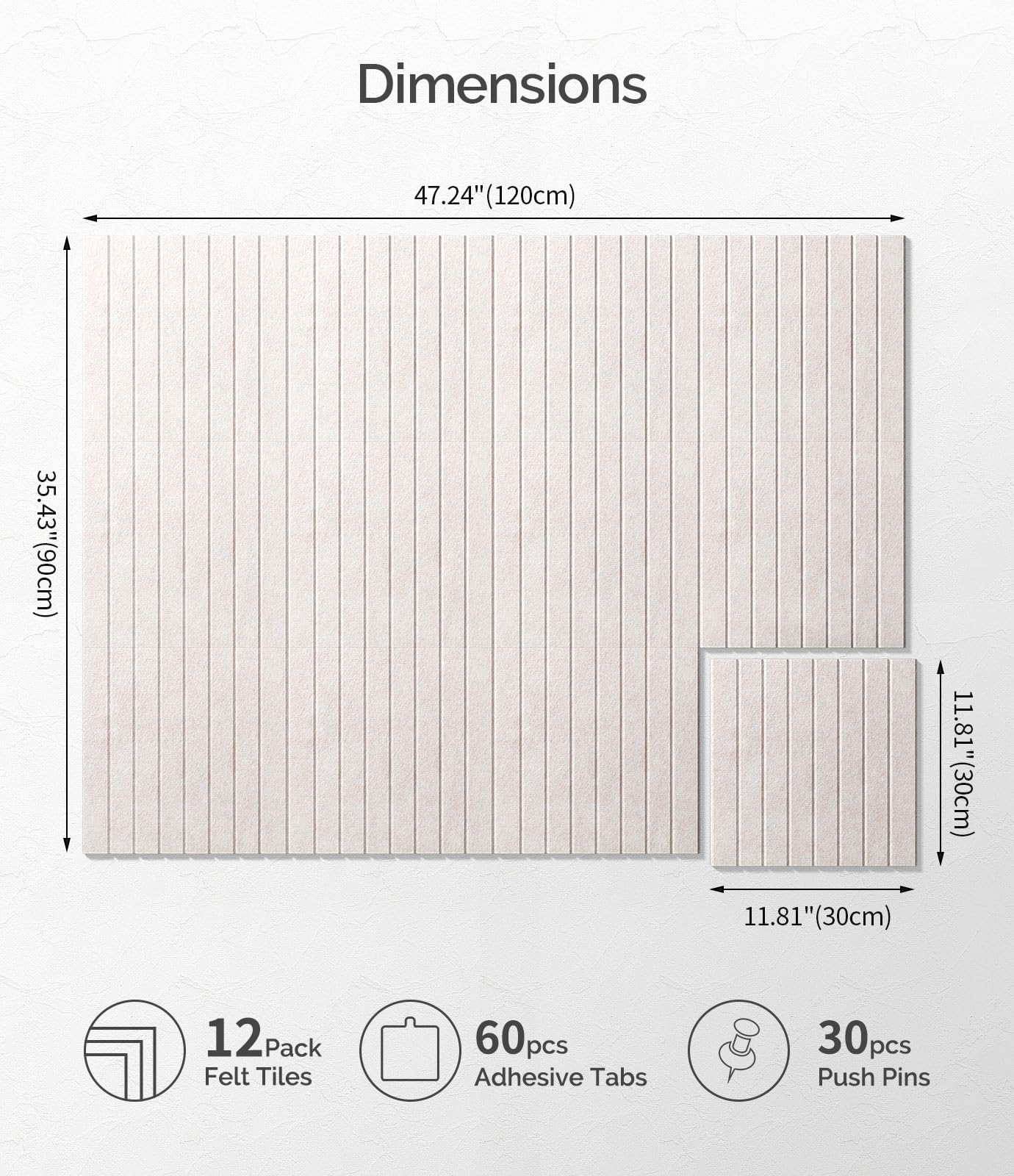 Bounmer Large Cork Board Alternative 48“ x 36”, 12-Pack Felt Bulletin Board Tiles with 60 Safe Removable Adhesive Tabs & 30 Pushpins, Cork Boards for Office Walls Decor (Oatmeal)