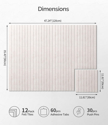 Bounmer Large Cork Board Alternative 48“ x 36”, 12-Pack Felt Bulletin Board Tiles with 60 Safe Removable Adhesive Tabs & 30 Pushpins, Cork Boards for Office Walls Decor (Oatmeal)
