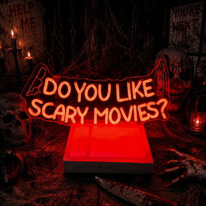 Do You Like Scary Movies LED Neon Sign Horror Movie Decor for Wall USB Powered Adjustable Brightness Easy Install Neon Lights for Room Halloween Decorations