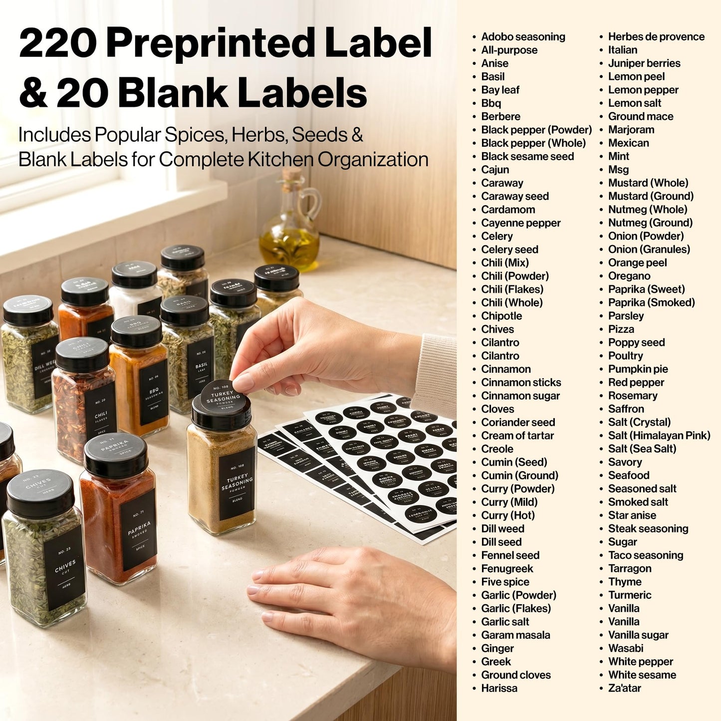 Minimalist Spice Jar Labels Self-Adhesive - 240 Stickers for Spice Jars, Spice Jars & Drawers, Round & Rectangular, Waterproof Spice Organiser Labels for Kitchen Organisation (Black)
