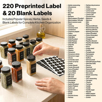 Minimalist Spice Jar Labels Self-Adhesive - 240 Stickers for Spice Jars, Spice Jars & Drawers, Round & Rectangular, Waterproof Spice Organiser Labels for Kitchen Organisation (Black)