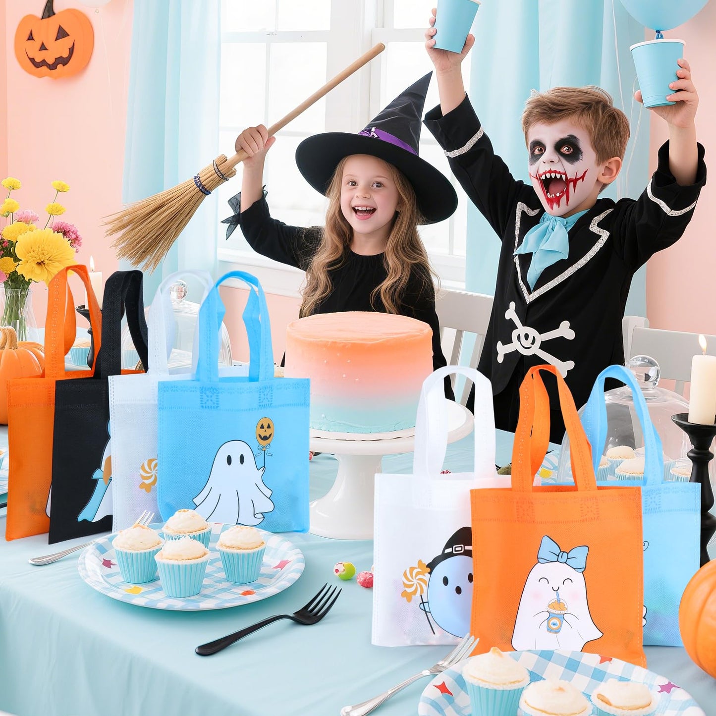 20Pcs Blue Summerween Ghost Party Favor Bags, Non Woven Summer Halloween Treat Bags Gift Bags, Cute Ghost Goodie Candy Tote Bag for Spooky One Two Spooky Birthday Little Boo Baby Shower Party Favor
