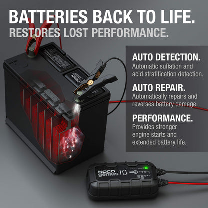 NOCO GENIUS10: 10A 6V/12V Smart Battery Charger – Automatic Maintainer, Trickle Charger & Desulfator with Overcharge Protection & Temperature Compensation – For Lead-Acid & Lithium Batteries