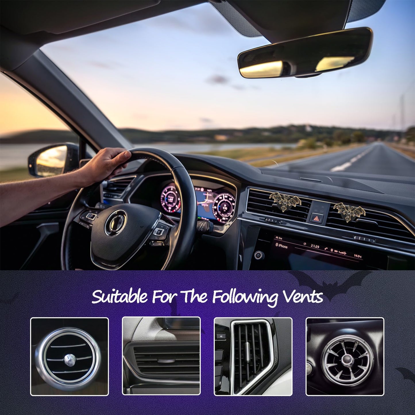 ORIESSE Gothic Car Decor,Bling Bat Car Air Freshener Vent Clip,Dark Style Rhinestone Vehicle Interior Dashboard Decoration for Teens,Refillable Clip on Diffuser