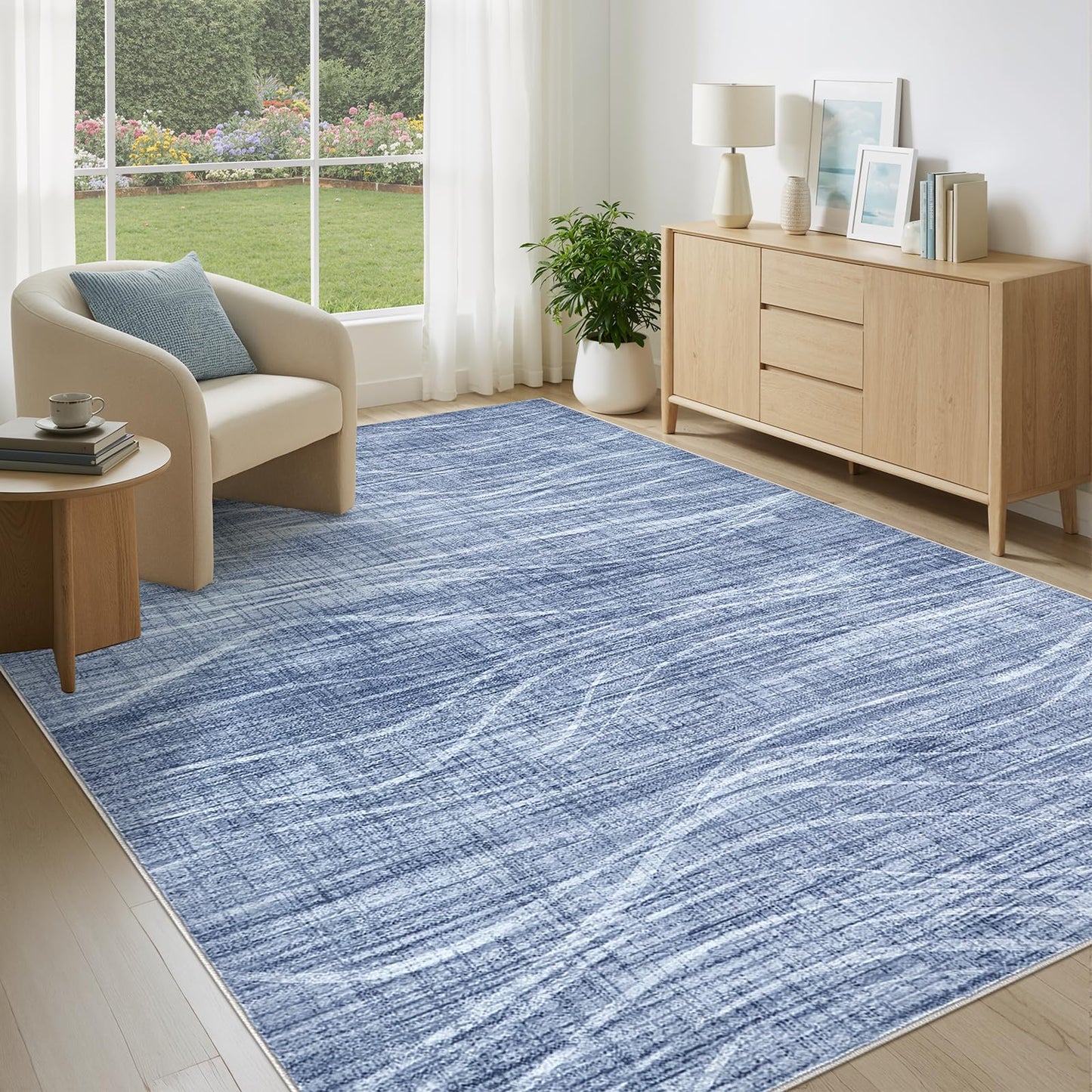 WITSHOCK 5x8 Area Rug Blue Rug for Living Room, Washable Rugs for Bedroom Dining Room Kitchen Nursery, Modern Wave Striped Rugs, Non Slip Stain Resistant Lightweight Carpet Home Decor, Blue