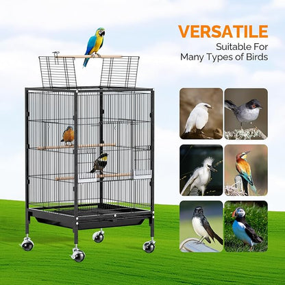 VINGLI 38-inch Bird Cage with Wheels, Durable Wrought Iron Parakeet Cage with Slide Out Tray, Black Bird Cages for Parakeets/Lovebird/Cockatiels/Budgies and Other Small/Medium Birds (Medium-38 inch)