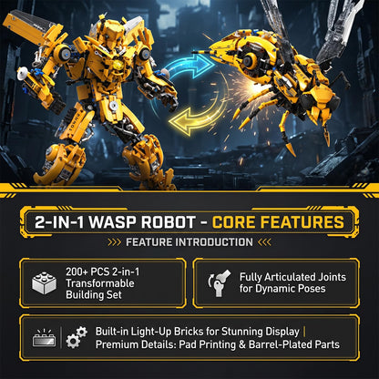 Myth Qholve 2 in 1 Wasp Robot Building Set Transforming Mecha Model Kit with Light-Up Core, Large Sci-Fi Mechanical Insect Display Figure, Advanced Construction Set for Teens and Adults