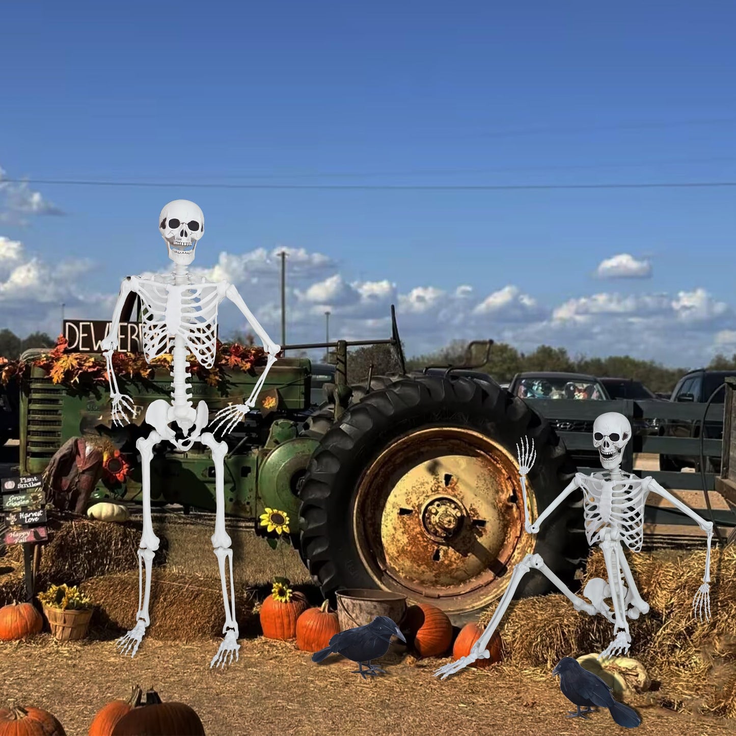 LOSFOTBO 5.4ft/165cm Halloween Skeleton with Realistic Crows Full Body Plastic Human Bones with Movable Joints for Indoor Outdoor Halloween Decor