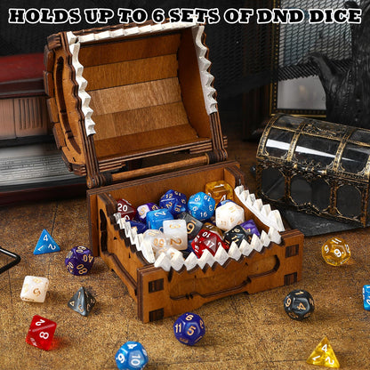 JULEASEL Mimic Dice Box – Wooden Monster Treasure Chest with Teeth & Blue Eyes, Halloween Desk Decor Creepy Box, Funny Dice Storage for Tabletop RPG & Fantasy Games (Starfang)