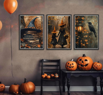 3pcs Halloween Canvas Wall Art Autumn Gothic Witch Books Crow Posters Prints Dark Academia Witch Wall Decor Pictures for Halloween Party House Decoration Unframed