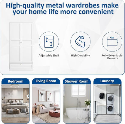 BYNSOE Metal Armoire Wardrobe Closet with 2 Doors 72'' Wardrobe Cabinet with Drawers and Hanging Rail Metal Closet with Adjustable Shelves for Bedroom. (White, with 1drawer)