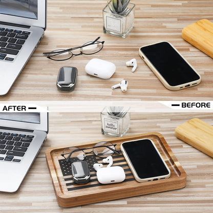 Newtay American Flag Valet Tray for Men Wood Catch All Dump Tray EDC Organizer Every Day Carry Bedside Nightstand Table Entryway Holder for Keys Wallet Watches Phones Jewelry 11 x 7.75 x 1 Inch