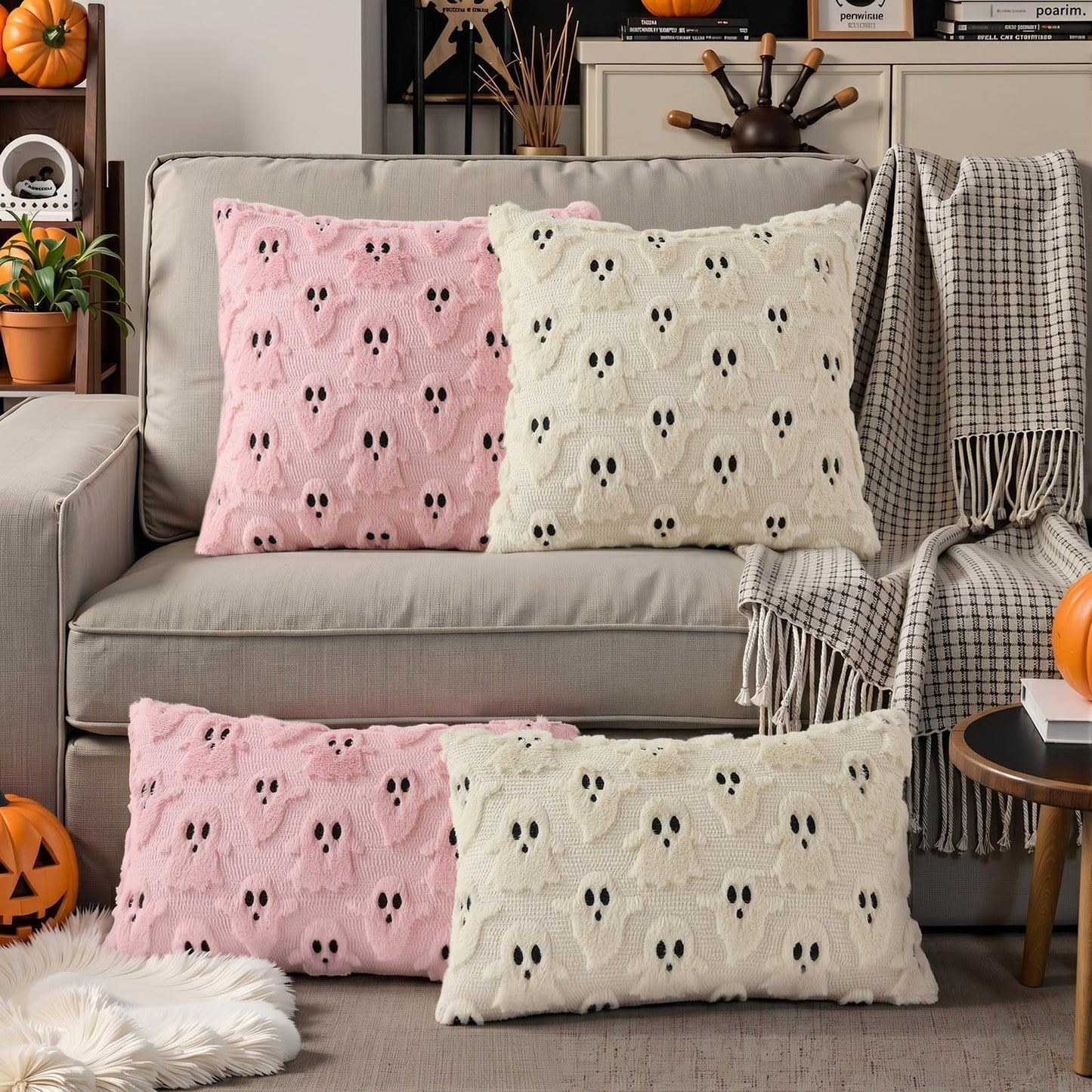 decorUhome Fall Halloween Ghost Pillow Covers 16x16 Pack of 2 Soft Plush Faux Wool Textured Throw Pillow Covers Cute 3D Ghost Decorative Cushion Cases for Couch Sofa Bedroom Home Decor, Blush Pink