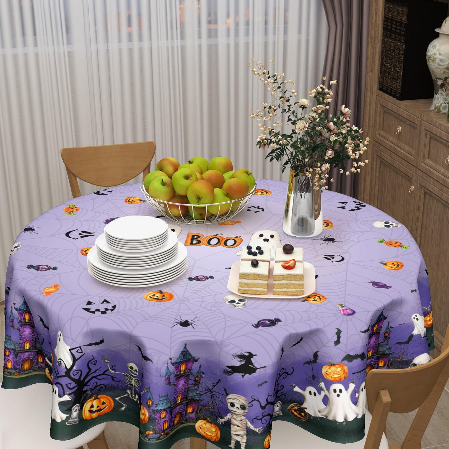 Ancordivo Halloween Round Tablecloth 60 Inch Purple Castle Spooky Pumpkin Ghost Bat Spider Web Table Cloth Rustic Holiday Table Cover for Kitchen Dinner Home Decor
