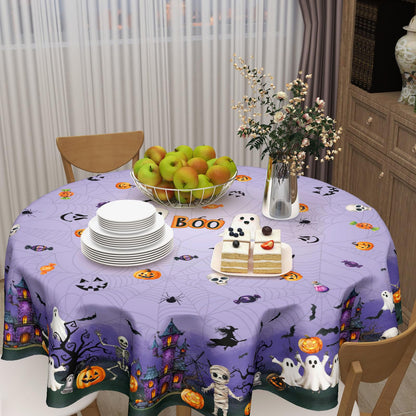 Ancordivo Halloween Round Tablecloth 60 Inch Purple Castle Spooky Pumpkin Ghost Bat Spider Web Table Cloth Rustic Holiday Table Cover for Kitchen Dinner Home Decor