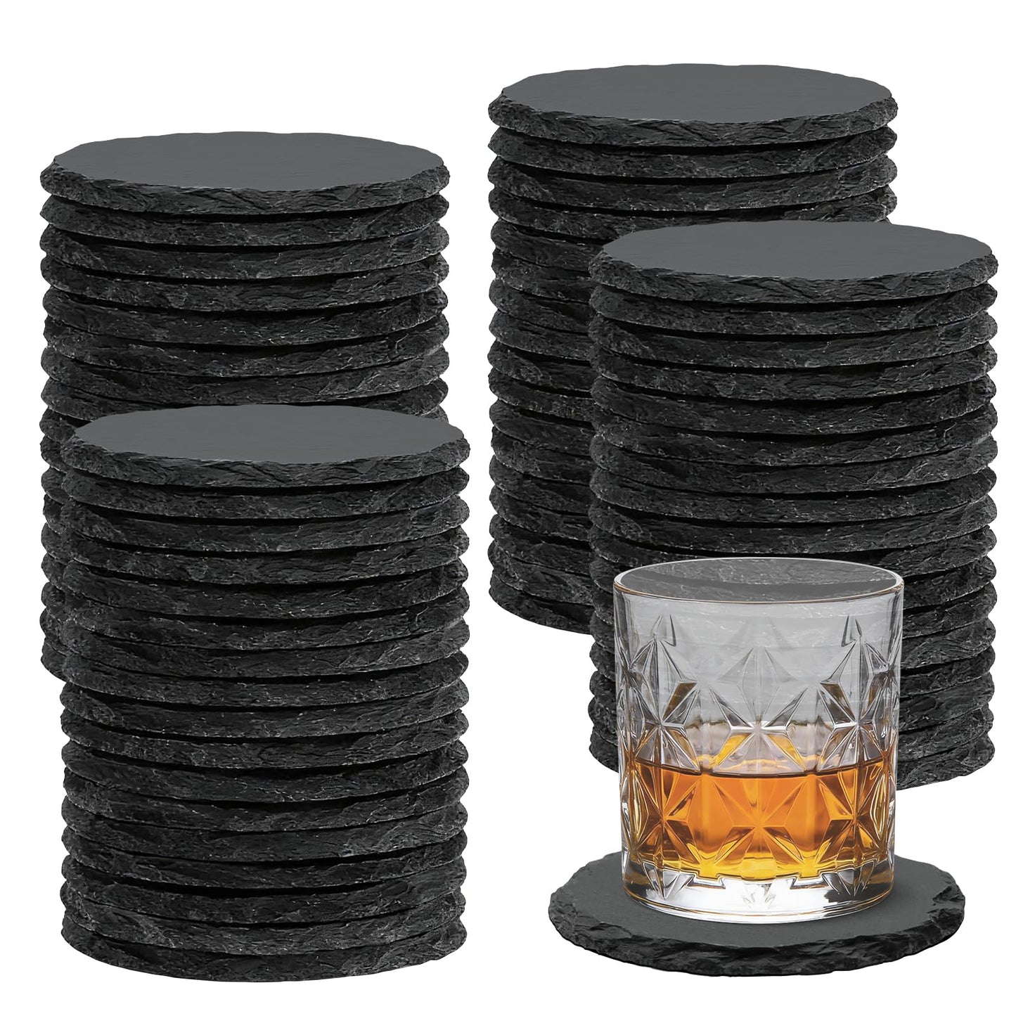 68 PCS Round Slate Drink Coasters Set, SIJDIEE 4 Inch Laser Engraving Black Slate Stone Coasters with Anti-Scratch Bottom and Coaster Holder for Office Bar Kitchen Home Dinner Table Decor Supplies
