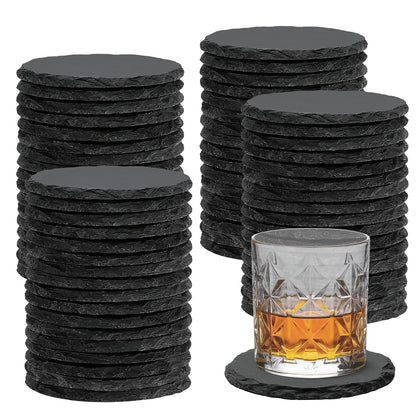 68 PCS Round Slate Drink Coasters Set, SIJDIEE 4 Inch Laser Engraving Black Slate Stone Coasters with Anti-Scratch Bottom and Coaster Holder for Office Bar Kitchen Home Dinner Table Decor Supplies
