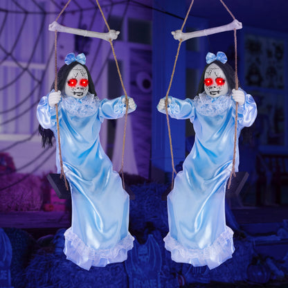 JOYIN 2 Pcs Hanging Ghosts Halloween Decorations Outdoor, 3ft Blue Swinging Creepy Sister Ghost with LED Red Light Eyes Creepy Girl Twins Doll Decor for Indoor Flying Props for Yard Patio Lawn Garden