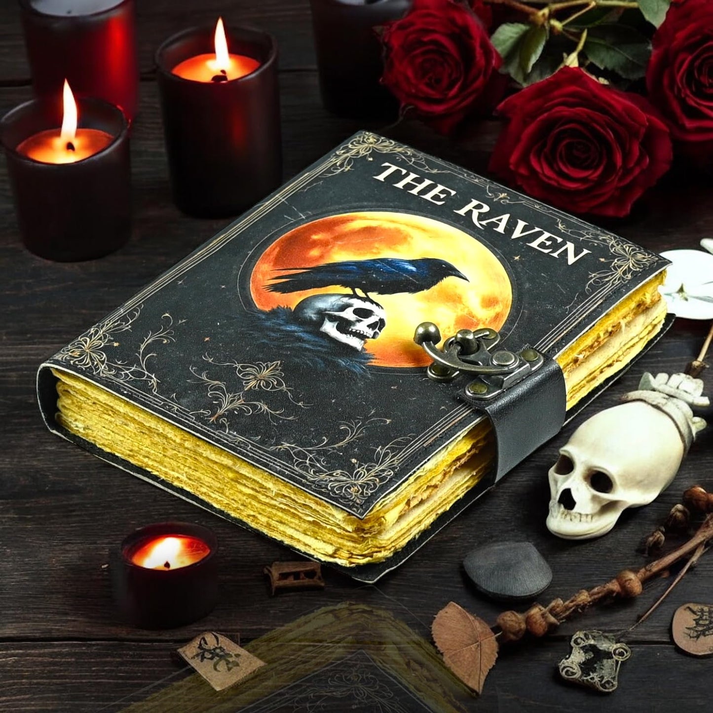Leather Raven Journal Spooky Gifts For Women Raven Decor Grimoire Journal Witch Supplies Witchy Journal Witchcraft Supplies Gothic Journal Halloween Book Decor Gothic Notebook 10x7 Inch, 200 Page