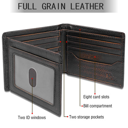 DK86 Deer Bifold Wallet for Men RFID Blocking Full Grain Leather With Hand Burnished Extra Capacity Multiple Card Slots with 2 ID Windows (black orange with deer)