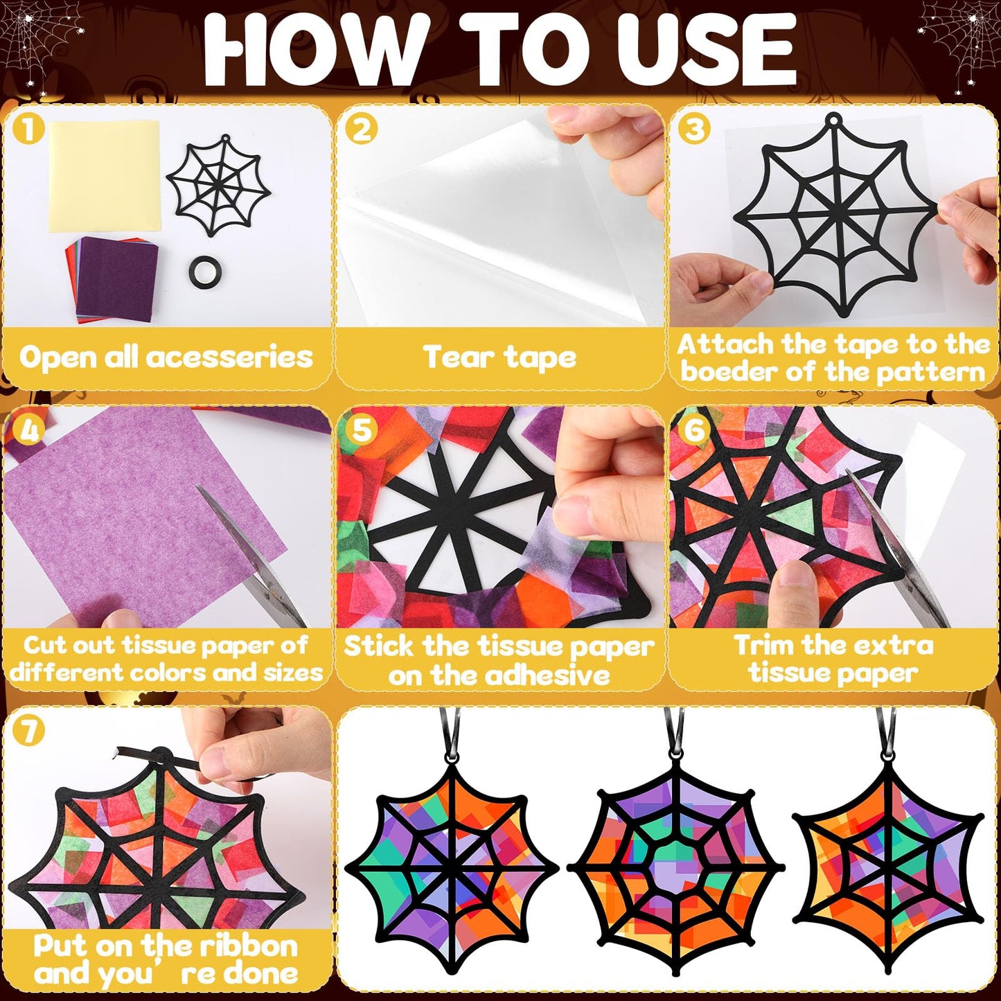 Qyeahkj 36 Set Halloween Spider Web Suncatchers Crafts DIY Hanging Spider Web Tissue Paper Crafts Kit Window Art Ornaments Decor for Halloween Activity Art Project Party Favor Gift
