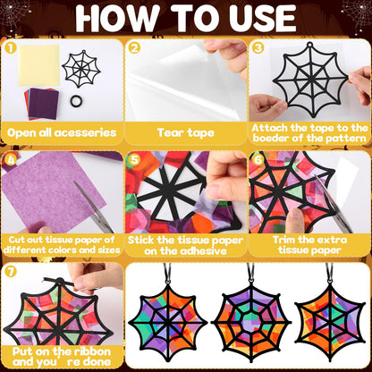 Qyeahkj 36 Set Halloween Spider Web Suncatchers Crafts DIY Hanging Spider Web Tissue Paper Crafts Kit Window Art Ornaments Decor for Halloween Activity Art Project Party Favor Gift