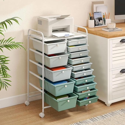 LDAILY 15 Drawer Rolling Storage Cart, Rolling Cart with Drawers for Classroom, Art Supply Craft Organizer on Wheel with Metal Frame & Handles for Home Office School (Gradient Green, 15 Drawer)