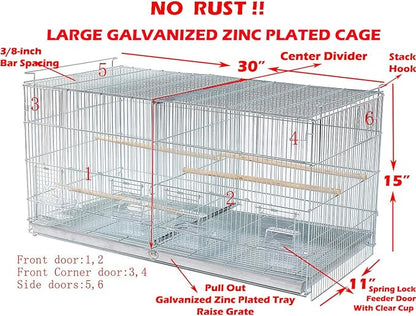 Combo: Large NO Rust Stainless Galvanized Stack and Lock Double Breeder Cage Bird Breeding Cage with Removable Center Divider Side Nest Box Doors Removabel Rolling Stand