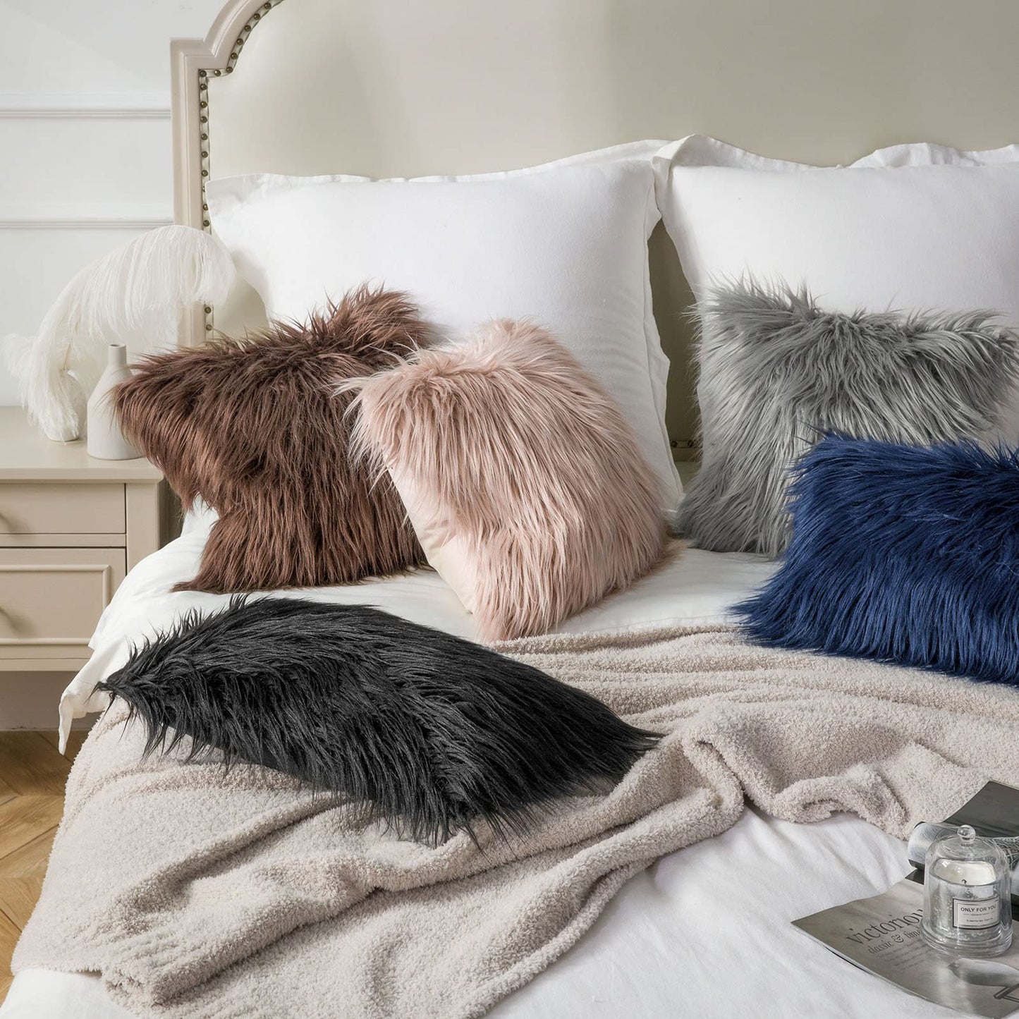 Phantoscope Pack of 2 Faux Fur Solid Throw Decorative Pillow Cover Cushion Covers Luxury Soft Halloween Decorative Pillowcase Fuzzy Pillow Covers for Bed/Couch, Black 18 x 18 Inches