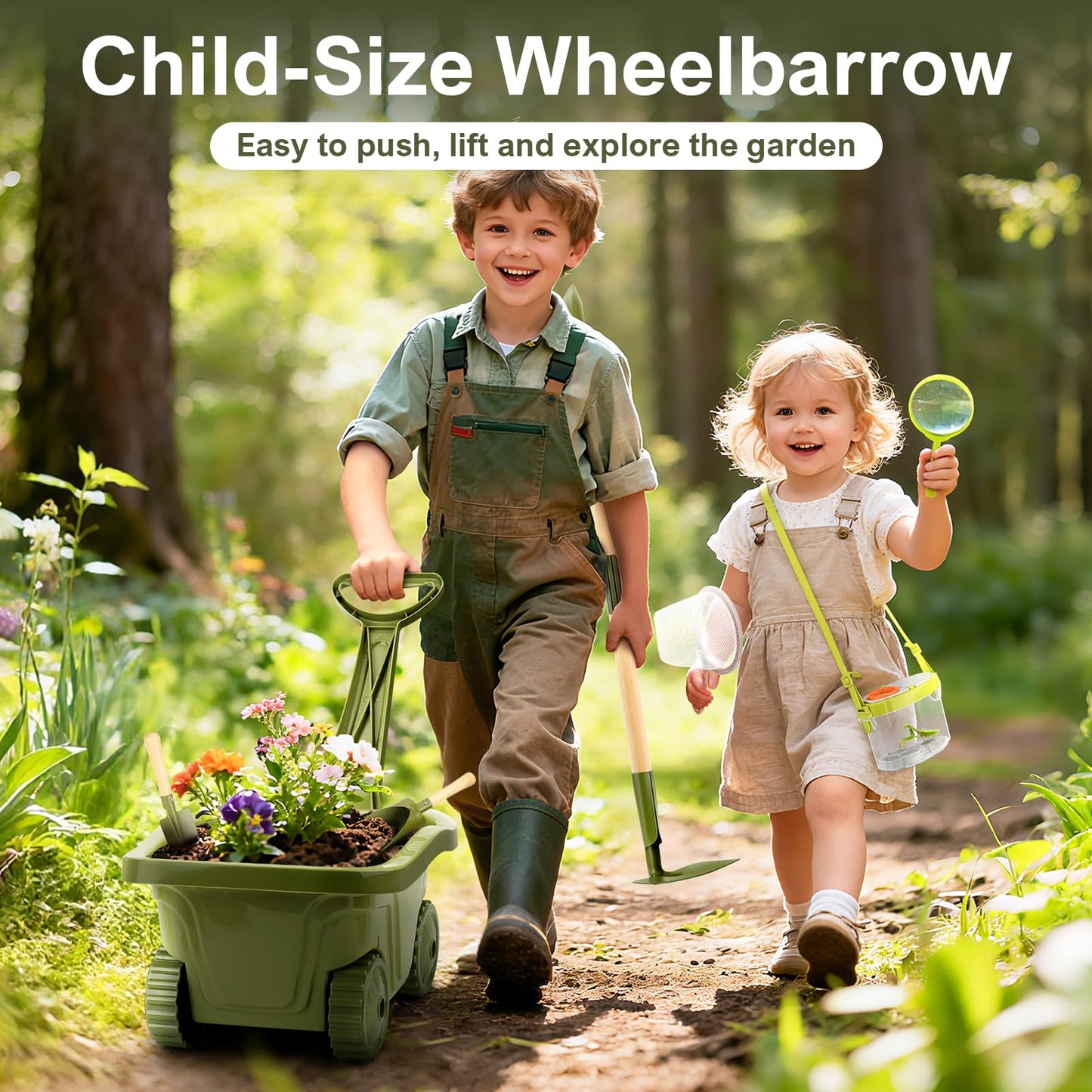 Dreamon Kids Gardening Tools & Bug Catcher Kit, 2-in-1 Outdoor Toys with Wheelbarrow and Bug House, STEM Educational Toys for 3 Year Old, Birthday Gifts Outdoor Gifts for Kids 3-5, Green