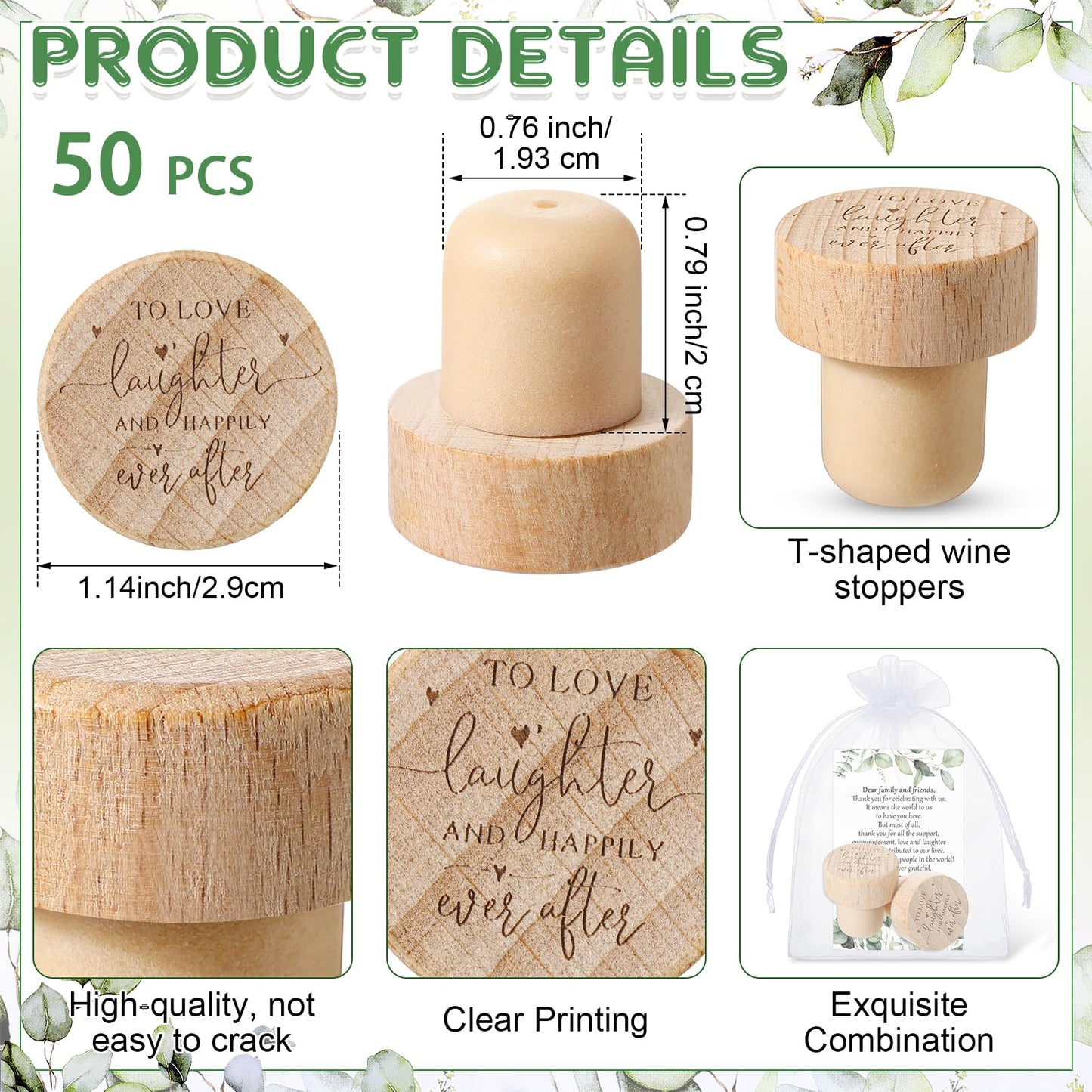 Barydat 50 Sets Wedding Favors for Guests Bulk Engraved Wood Wine Bottle Corks Wine Stopper with Wedding Thank You Cards and Organza Bags Appreciation Gifts for Guest Thank You Gifts(Novelty)