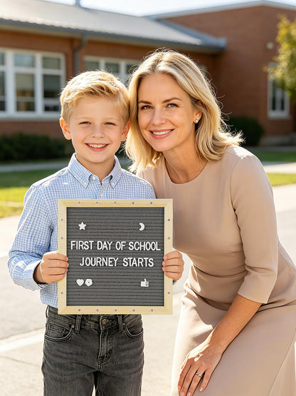 Felt Letter Board with LED Lights - 10 ×10" Custom Message Board with Changeable Letters & Stand, First Day of School Sign/Graduation/Pregnancy/Baby Announcement/Wedding/Classroom Decor, Grey