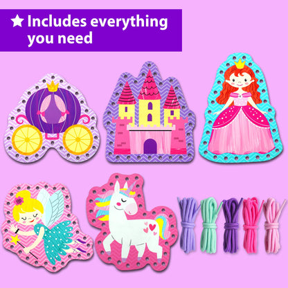 KRAFUN My First Lacing Cards Kit for Toddlers & Girls Age 3+, 5 Princess Unicorn Arts & Crafts Projects, Fine Motor Skills Toys, Beginner Activity Set with Princess Unicorn Castle Fairy Crown