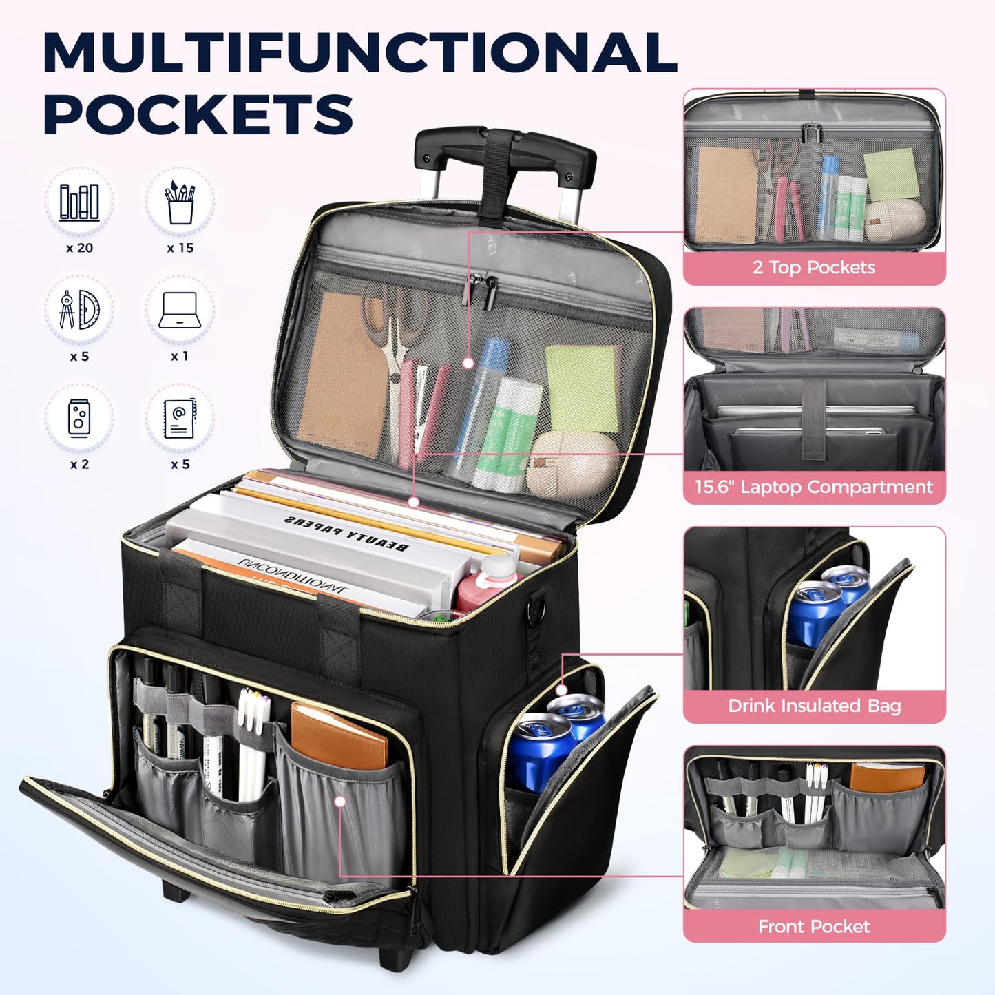 Ytonet Rolling Teacher Bag, X-Large Rolling Cart for Teachers with Detachable Dolly & File Tote Bag, 17.3 Inch Roller Briefcase for Women Office Work Craft Nurse, Teacher Essentials Supply Organizer