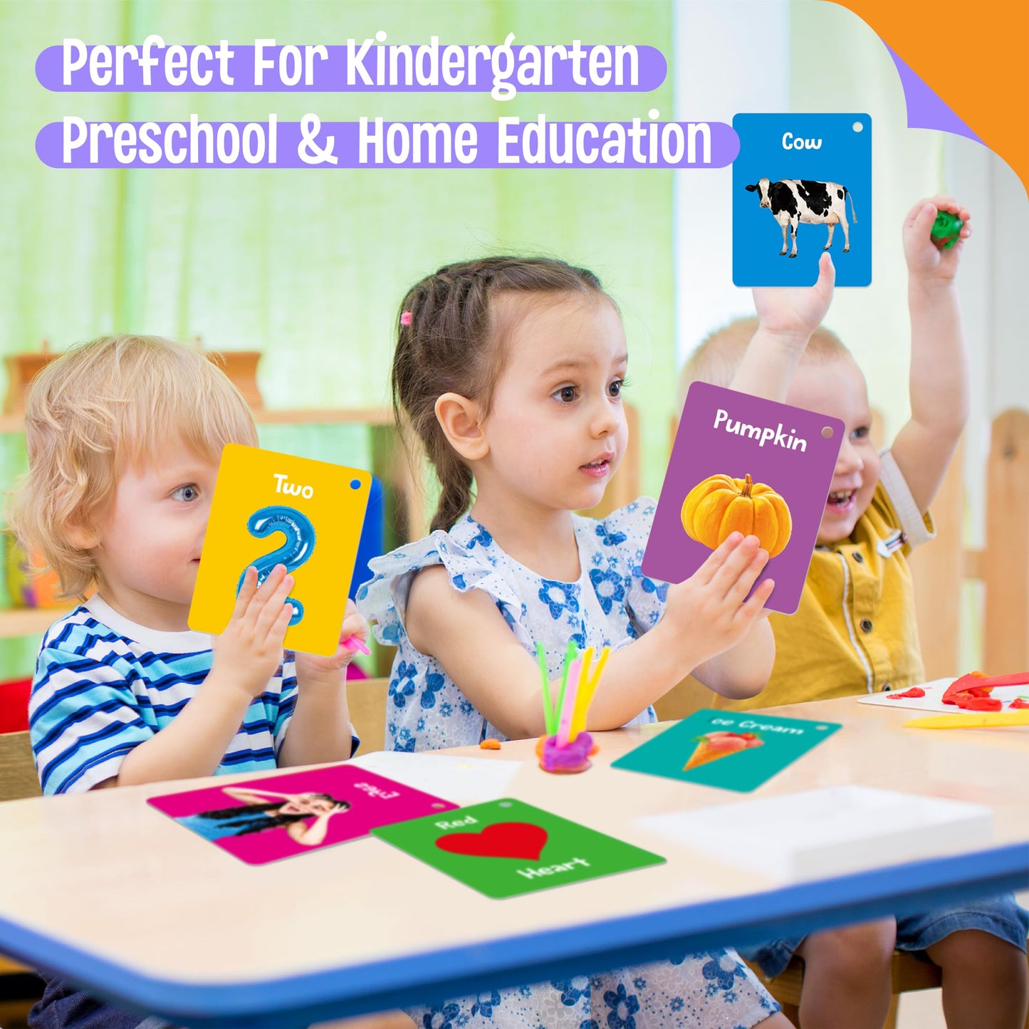 50 PCS Early Learning Flashcards, 7 in 1 Double Sided Cards- Alphabet, Numbers, Foods, Animals, Shapes, Colors with 2 Reclosable Rings, Learning Tool for Pre-K Kindergarten Toddlers