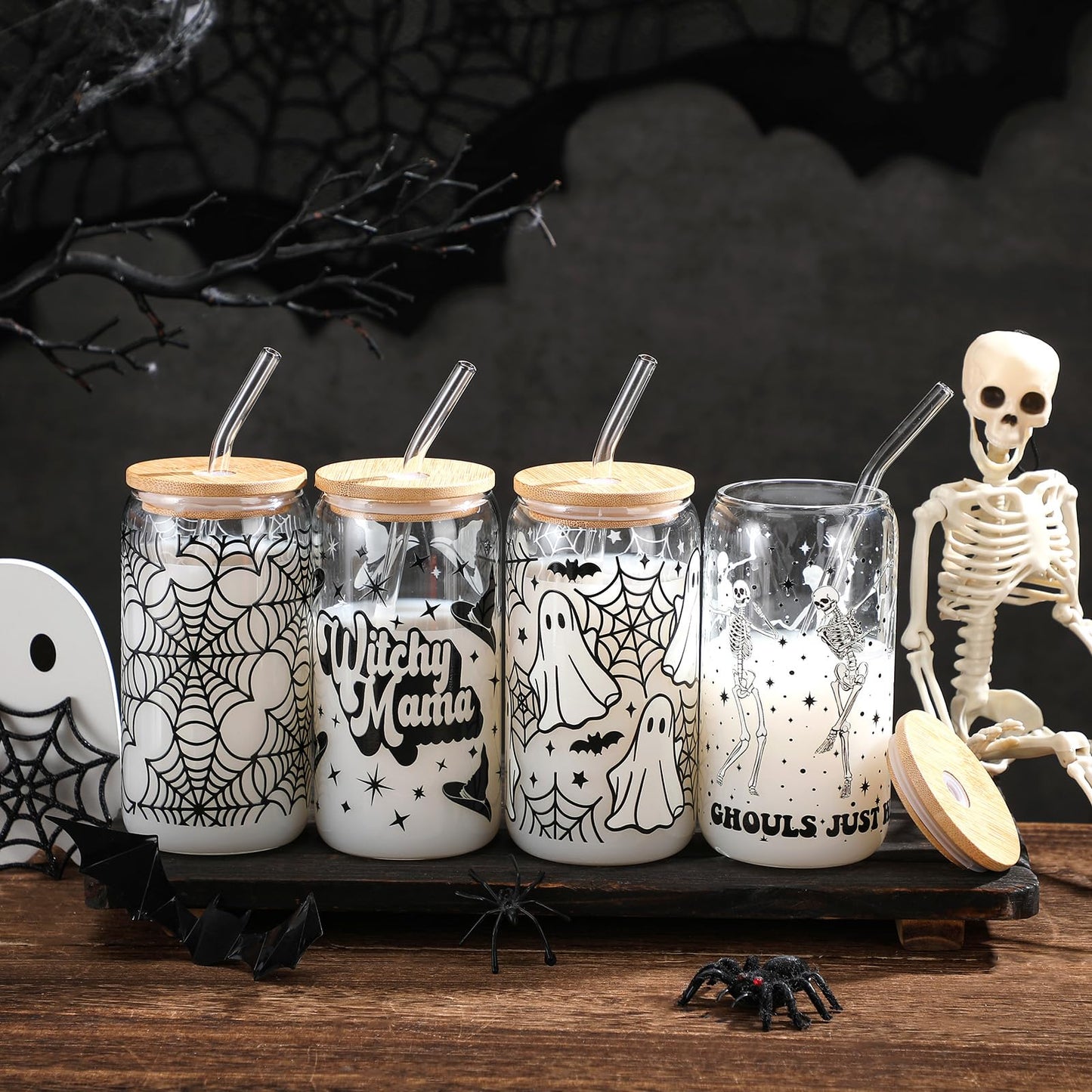 SiliFine 4 Pcs Halloween Glass Cups with Lid and Straw 16 oz Drinking Glasses Halloween Iced Coffee Cups Can Shape Ghost Spiderweb Skeleton Mug Tumbler for Women Men Birthday Party Favor Gift