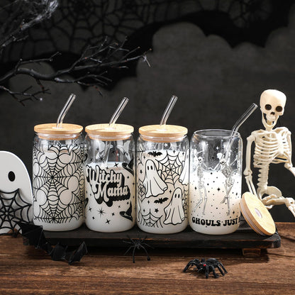 SiliFine 4 Pcs Halloween Glass Cups with Lid and Straw 16 oz Drinking Glasses Halloween Iced Coffee Cups Can Shape Ghost Spiderweb Skeleton Mug Tumbler for Women Men Birthday Party Favor Gift