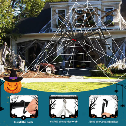 Halloween Giant Spider Web Lights, Spider Web Decoration with 50" Plush Spider & Stretch Cobweb, Powered by Adapter Plug, Remote Control 8 Lighting Modes, Perfect for Scary Halloween Yard Decorations
