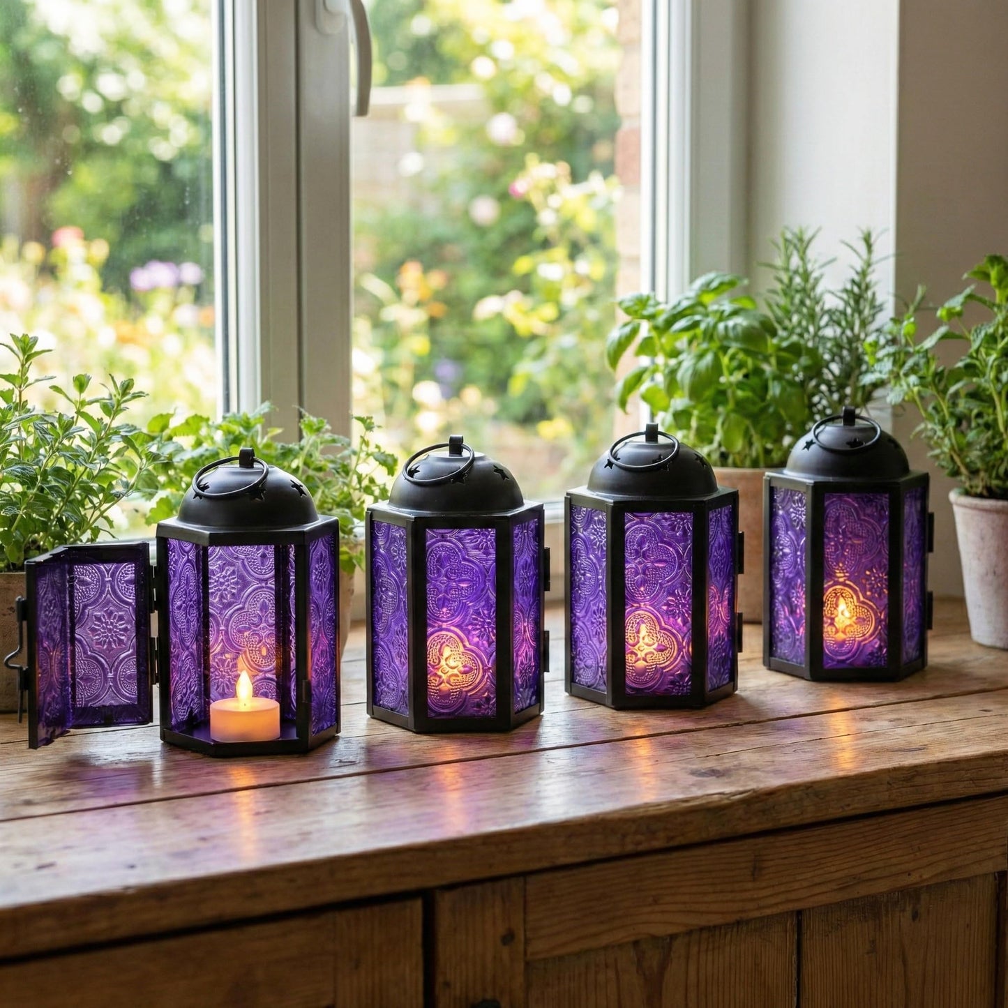 Vela Lanterns Decorative Indoor Mini Tea Light Candle Holders, Purple